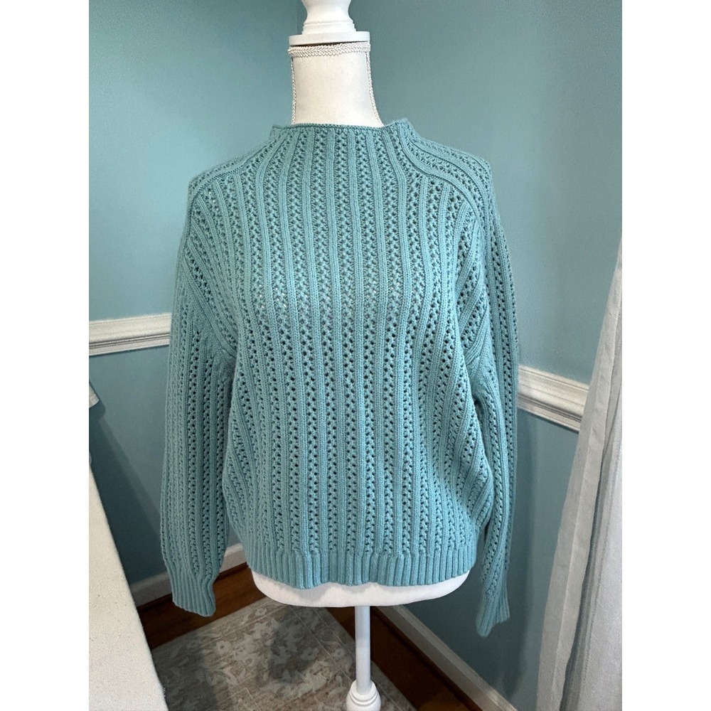 Ann Taylor roll Mock Neck Sweater Teal Blue Ribbed Open Knit Long Sleeve SP